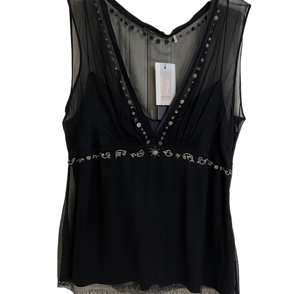 Ellie Tahari silk chiffon top with silver embroideries new with tags